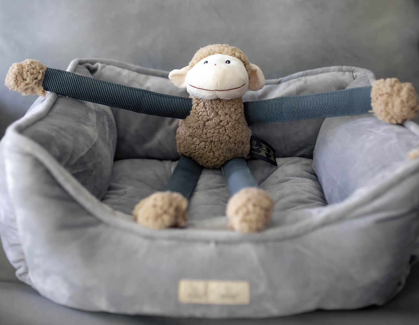 Monkey Bungee Dog Toy on Pet Bed