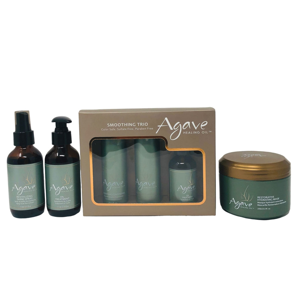 Agave Smoothing Trio: Revitalizing Shine 3.9 ounce spray bottle, Oil Treatment 3.75 ounce pump bottle, Hydrating Mask 8.5 ounce jar