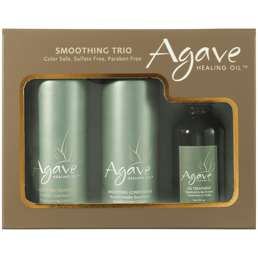 Agave Smoothing Trio: Smoothing Shampoo & Conditioner bottle and Oil Treatment pump bottle.
