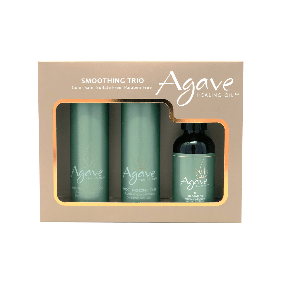 Agave's Trio Smoothing conditioner, shampoo bottle and Oil Treatment pump bottle