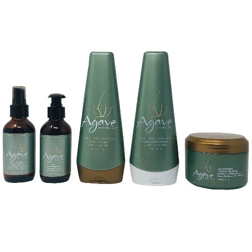 Agave's Revitalizing Shine 3.9 ounce spray bottle, Oil Treatment 3.75 ounce pump bottle, Smoothing conditioner and shampoo 8.5 ounces tube with hydrating mask 8.5 ounces jar.