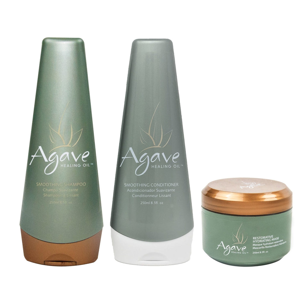 Agave's Smoothing conditioner and shampoo tube 8.5 ounces tube with hydrating mask 8.5 ounces jar.